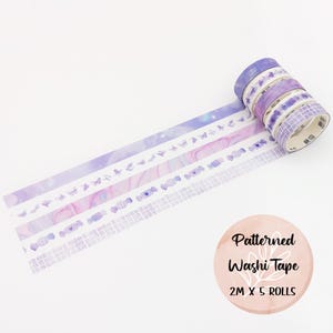 Zestaw taśm washi pastel fioletowy, wzorzysta taśma dekoracyjna, motyl, słodycze, taśma do scrapbookingu, dziennikarstwo