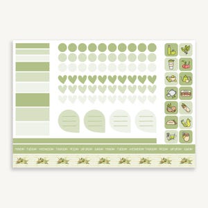 Hoja de calcomanías funcionales: crema de aguacate, primo Hobonichi, cajas, puntos, íconos