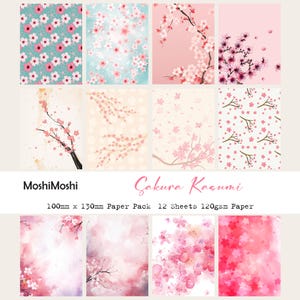 Sakura Scrapbooking Paper Pack, 12 feuilles de motifs de fleurs de cerisier pour journaux indésirables, collage, fabrication de cartes