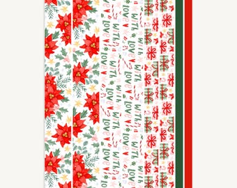 Christmas Washi Tape Strip Sheet, Red Poinsettia, Festive Planner Journal Decor, Holiday Scrapbooking Stickers