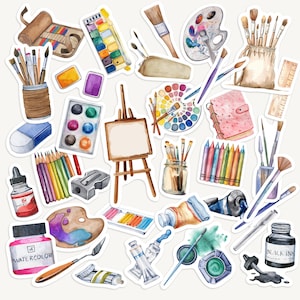 35 stickers aquarelkunstgereedschap, stickers kunstvoorraad voor planner, kalender, plakboek, dagboek