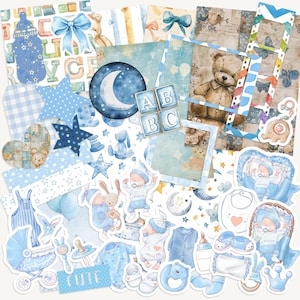Dagboekpakket babyjongen, gemengde verpakking pasgeboren plakboek, sticker slooppapier Ephemera kit