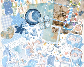 Dagbokspaket för pojkar, blandat paket med scrapbookingböcker för nyfödda, klistermärkes- och scrappypapperskit med ephemeramotiv
