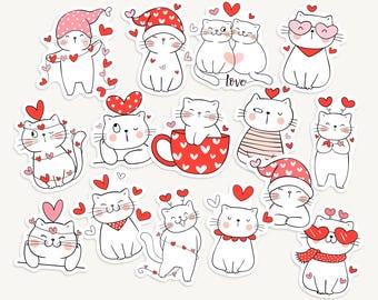 Love Cats Sticker Pack for Journaling, Planner, Scrapbooking, Valentine's, Hearts