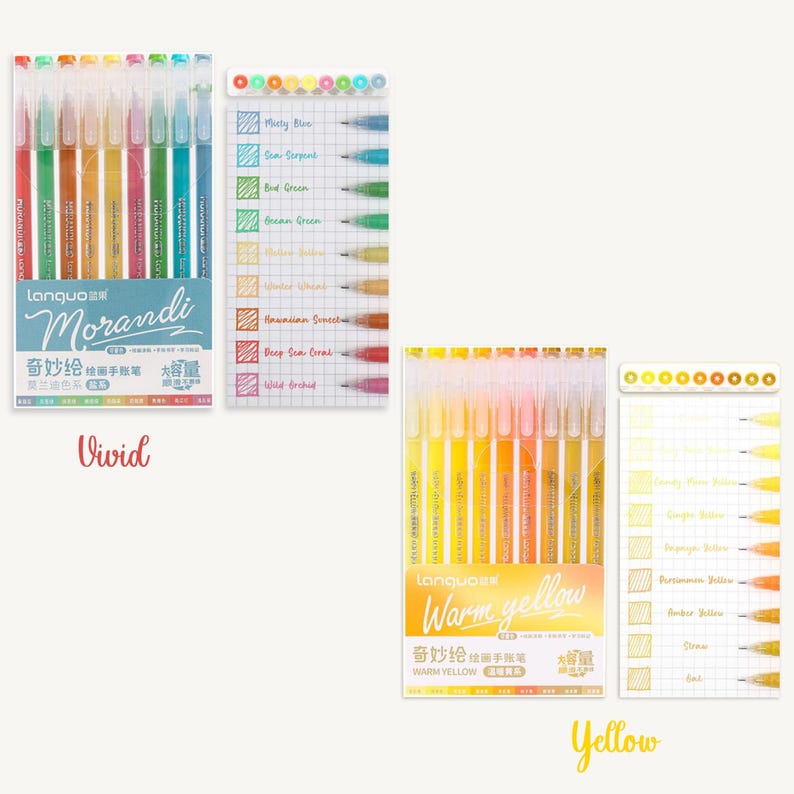 May include: Two sets of colorful gel pens with metallic finishes. The first set is labeled "Morandi" and features muted shades of blue, green, and brown. The second set is labeled "Warm Yellow" and features a variety of yellow hues.