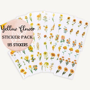 135Pcs Yellow Flower Sticker Pack, Daisy, Tulip, Watercolour Floral, Journaling, Scrapbooking, Planner