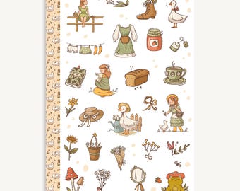 Cottagecore Sticker Sheet, Cosy Farm Life, Homesteading, Floral, Goose, Mushroom Stickers for Journals & Planners, Scrapbooks