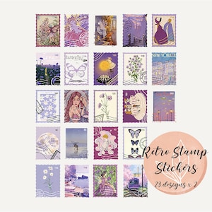 Retro Stempel Aufkleber, Frühlingsblume Schmetterling, Vintage Lila Ton, Journaling, Scrapbooking, Planer Bedarf