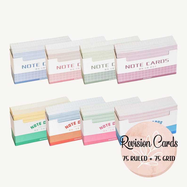 May include: Ten stacks of colorful note cards, each stack containing 75 cards. The cards are divided into two styles: ruled and grid. The stacks are arranged in two rows of five. The top row features blue, pink, green, and white note cards. The bottom row features yellow, light blue, light green, and pink note cards. The text "NOTE CARDS" is printed on the top row of note cards.