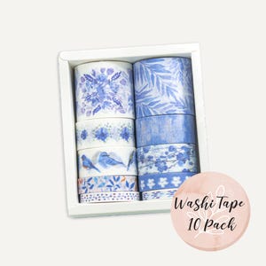 Floral Washi Tape Set of 10, Birds, Blue Flower, Nature Scrapbooking, Planner Decor, DIY Crafting, Decorative Tape, Journaling