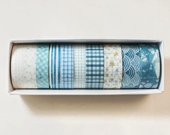 Blue Washi Tape Set, Japanese Wave, Seigaiha, Gingham, Terrazzo Pattern, 10 Rolls