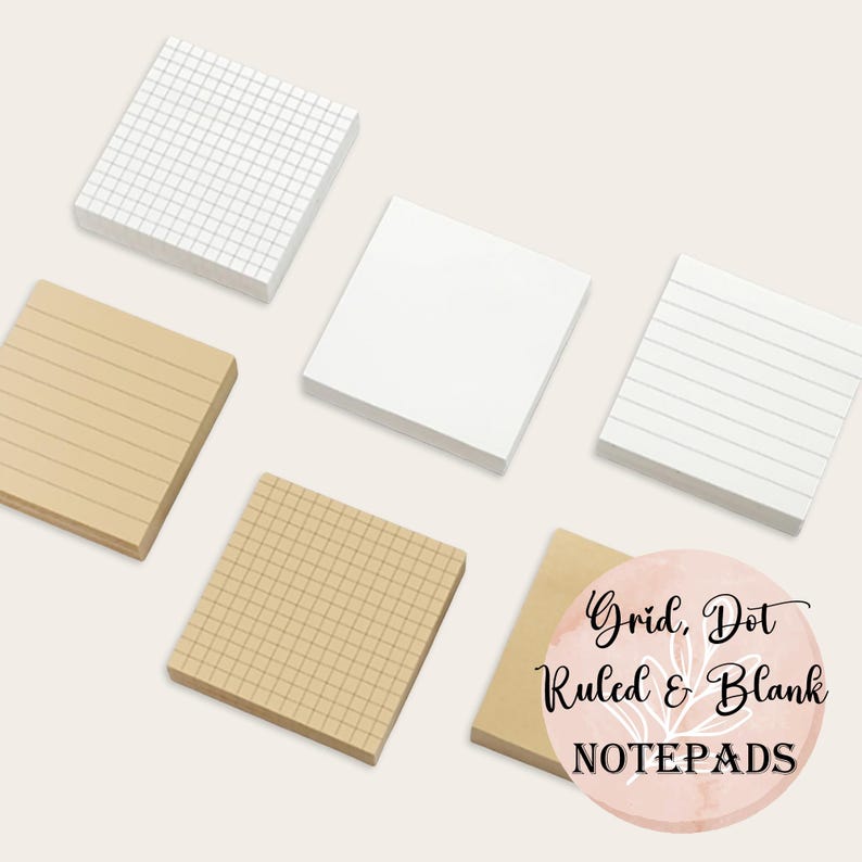 May include: Set of six square notepads with different paper styles: grid, dot, ruled, and blank. The notepads are beige and white with black lines.
