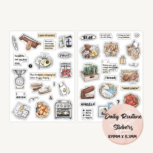 Hojas de pegatinas de objetos cotidianos, desayuno, repostería, planificador, calendario, álbum de recortes, pegatinas de diario