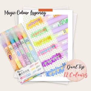 Rotuladores mágicos de capas de colores, juego de 6, punta doble, 12 colores, rotuladores de planificador que cambian de color, suministros para diario y álbumes de recortes