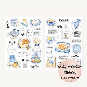 Tägliche Aktivitäten Aufkleber, Planer, Kalender, Scrapbook, Journal Aufkleber, tägliche Routine, Kaffee, Retro Tech, blau