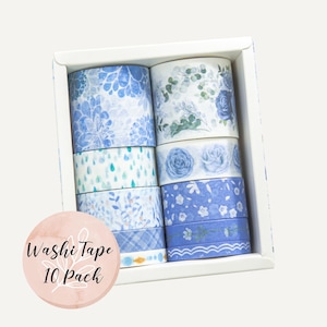 Blauwe bloem washitape set van 10, bloemen natuur scrapbooking, planner decor, DIY crafting, decoratieve tape, journaling