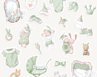 Babytema-klistermärken, Grönt, Nyfödd, Unisex, Dagbok, Klippbok, Babyshower