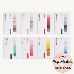 May include: Eight different colour options of index page markers. Each set of markers has five tabs in different shades of the same colour. The colours are green, blue, pink, yellow, grey, and brown.