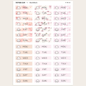 May include: Sheet of planner stickers featuring days of the week with cute, round faces. Each day is labeled with the day of the week, such as MON, TUE, WED, etc. The stickers have various pink and peach patterns.