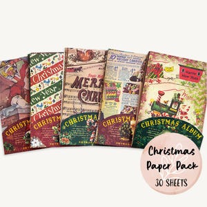 Può includere: Un set di sei fogli di carta vintage a tema natalizio. I fogli presentano una varietà di disegni, tra cui un motivo a righe rosso e verde, una partitura musicale con le parole "Buon Natale", un annuncio vintage di caramelle natalizie e una scena di un treno con un albero di Natale. I fogli sono tutti in buone condizioni e sarebbero perfetti per lo scrapbooking, la creazione di biglietti o altri progetti di artigianato. I fogli sono etichettati "Album di Natale" e "Pacchetto di carta di Natale 30 fogli".