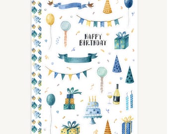Boys Birthday Sticker Sheet, Blue Party Icons, Journal, Planner, Calendar, Diary Stickers