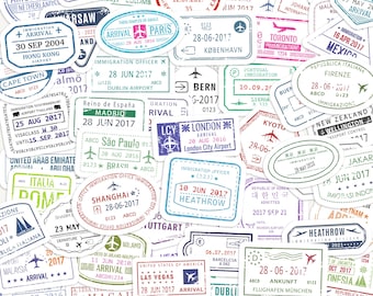 25 Passport Stamp Sticker Pack, Travel, Vacation Journal & Scrapbook Planner Stickers