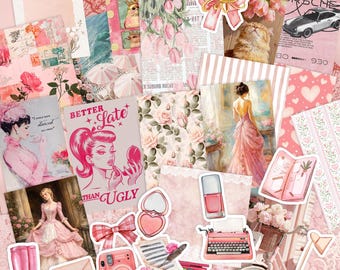 Rosa Vintage Ephemera Kit, Retro Scrapbook Papier Schnipsel Aufkleber