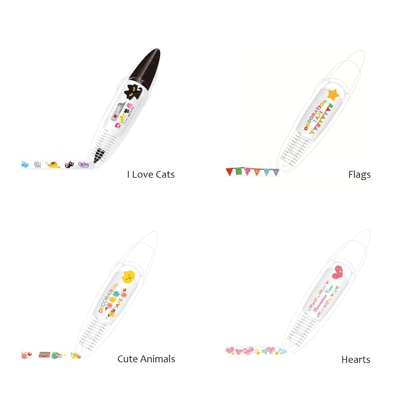 Pu&ograve; includere: Quattro dispenser di nastro decorativi con diversi design. I dispenser sono bianchi con design colorati. I design includono gatti, bandiere, animali carini e cuori. I dispenser sono tutti nella stessa posizione, con il dispenser di nastro che punta a destra e il nastro che esce dal dispenser.