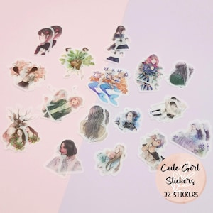 Adesivos de menina anime kawaii, adesivos de menina e flor para diário, planejador, scrapbooking, 32 adesivos