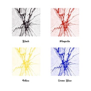 May include: Four square images of a cracked glass effect. Each image has a different color overlay: black, magenta, yellow, and ocean blue.