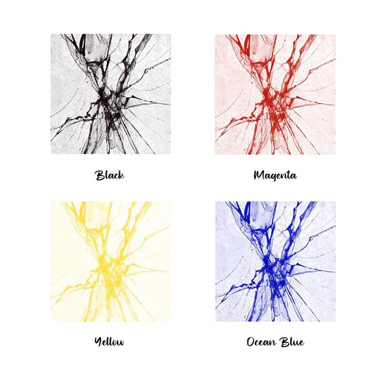 May include: Four square images of a cracked glass effect. Each image has a different color overlay: black, magenta, yellow, and ocean blue.
