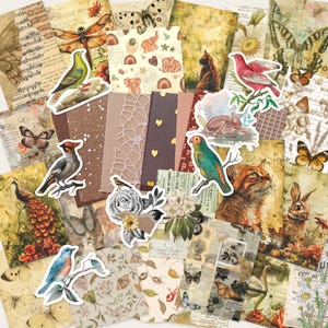 Vintage Nature Scrapbooking Pack, Junk Journal Scrappy Paper & Sticker Ephemera Kit
