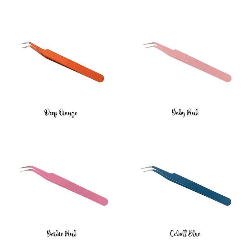 May include: Four angled tweezers in different colors: deep orange, baby pink, barbie pink, and cobalt blue. Each tweezer has a pointed tip. The colors are labeled with handwritten text below each tweezer.