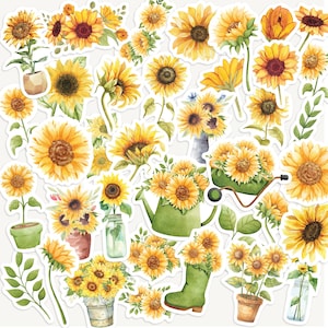 Pacchetto di adesivi Girasole, adesivi per album floreali acquerellati, diari e planner
