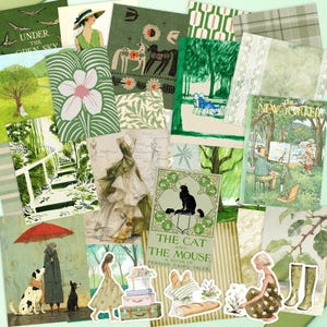 May include: A collection of green and white vintage-style illustrations, featuring images of trees, flowers, and people. The collage includes a book cover with the text "THE CAT AND THE MOUSE" and a magazine cover with the text "NEW YORKER".