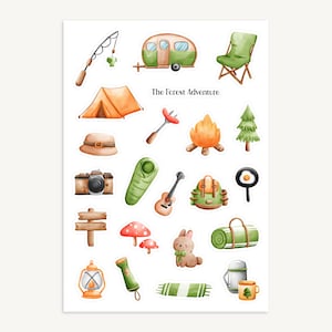 Feuille d'autocollants de camping, aventure, randonnée, pique-nique, autocollants pour agenda, journal, calendrier, scrapbooking