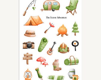 Camping Sticker Sheet, Adventure, Hiking, Picnic, Stickers for Planner, Journal, Calendar, Scrapbook