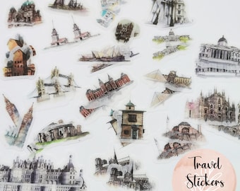 May include: A set of 40 watercolor travel stickers featuring various landmarks and buildings from around the world. The stickers are printed on clear, glossy paper and are perfect for adding a touch of whimsy to your journals, planners, and laptops.