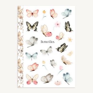 Hoja de pegatinas de mariposas, delicadas pegatinas de acuarela con flores del mundo natural para diarios, planificadores y álbumes de recortes