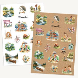 May include: Two sheets of stickers with a watercolour illustration theme. The stickers feature images of a hedgehog on a scooter, a playground, a swing, a canoe, a butterfly, a bird, a snail, a bench, a lily pad, a girl, a boy, and a birdhouse. The text "Moments..." appears on both sheets.