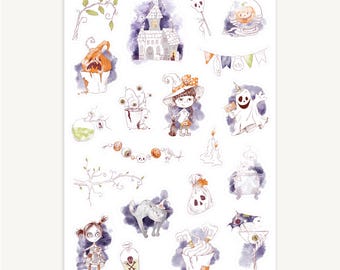 Aquarell Halloween Sticker Blatt: Kürbis, Geist, Hexe - Planer, Scrapbook