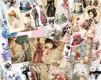 Victorian Junk Journal Kit: Retro Ladies, Floral Ephemera Paper & Stickers