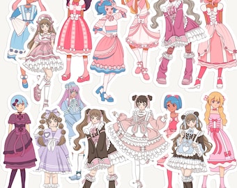 Anime Girl Sticker Pack, Hand-Drawn Kawaii Manga Stickers, Lolita Style Cute Journaling, Scrapbooking Supplies