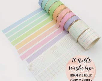Pastel Colour Washi Tape Set of 10, Slim Plain Colour + Wide Geometric Tape, Journaling, Scrapbooking, Planner Tape