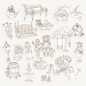 Vintage Garden Stickers: Sepia, Charcoal, Blue - 20 Pack