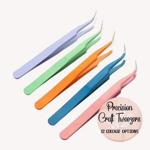 May include: Five precision craft tweezers in pastel colors: lavender, green, orange, blue, and pink. The tweezers are angled and have fine tips. The image includes a circular graphic with the text "Precision Craft Tweezers" and "12 COLOUR OPTIONS."