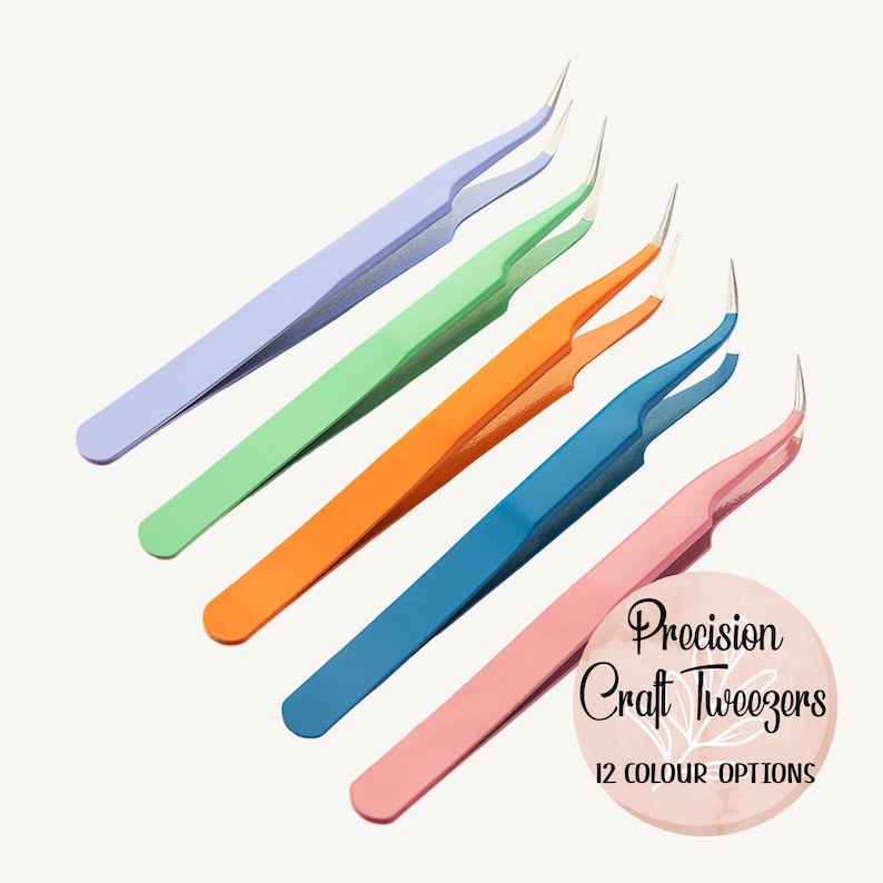 May include: Five precision craft tweezers in pastel colors: lavender, green, orange, blue, and pink. The tweezers are angled and have fine tips. The image includes a circular graphic with the text "Precision Craft Tweezers" and "12 COLOUR OPTIONS."