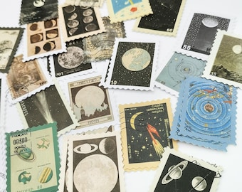 Retro Space Themed Stamp Stickers, Unique Vintage Moon & Planet, Celestial Junk Journal, Scrapbooking Supplies