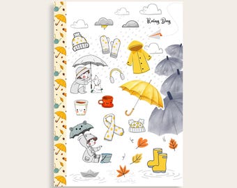 Rainy Day Sticker Sheet: Hand-Drawn Umbrella, Boots, Washi Tape
