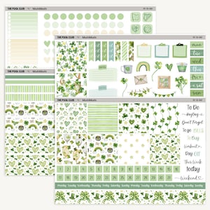 Op de afbeelding: Een verzameling groene en witte plannerstickers met een thema van St. Patrick's Day. De stickers bevatten klavers, regenbogen, potten met goud en kalenderelementen. De tekst "THE POOL CLUB" en "Moshi Moshi" zijn zichtbaar.